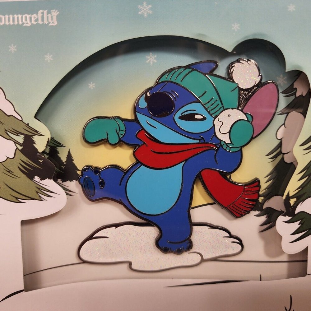 Loungefly Disney Lilo and Stitch Snowball Fight Fun Glitter LE Enamel Pin NEW - Picture 7 of 7